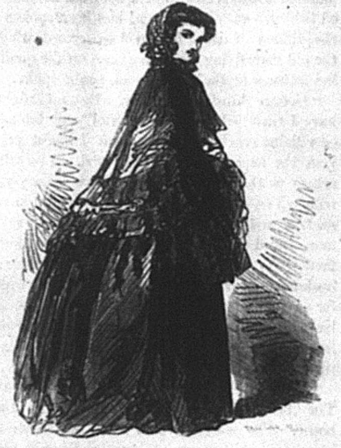 A woman in an elaborate dark-colored dress and hat. An older woman in an elaborate, flower-printed dress and a plaid shawl. Her face is heavily rouged. A man in an elaborate vest and pattern-printed pants.