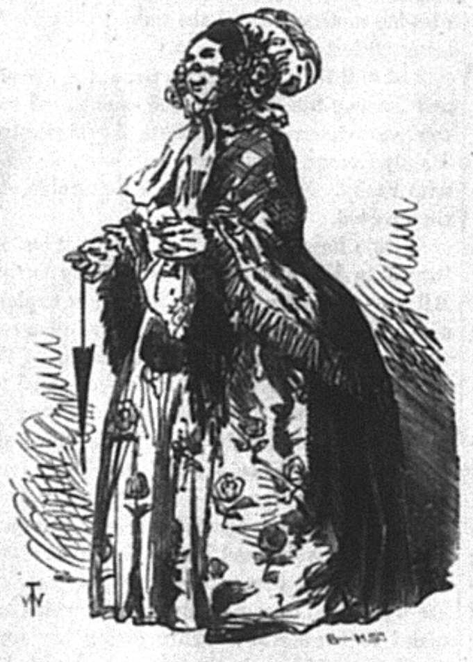 A woman in an elaborate dark-colored dress and hat. An older woman in an elaborate, flower-printed dress and a plaid shawl. Her face is heavily rouged. A man in an elaborate vest and pattern-printed pants.