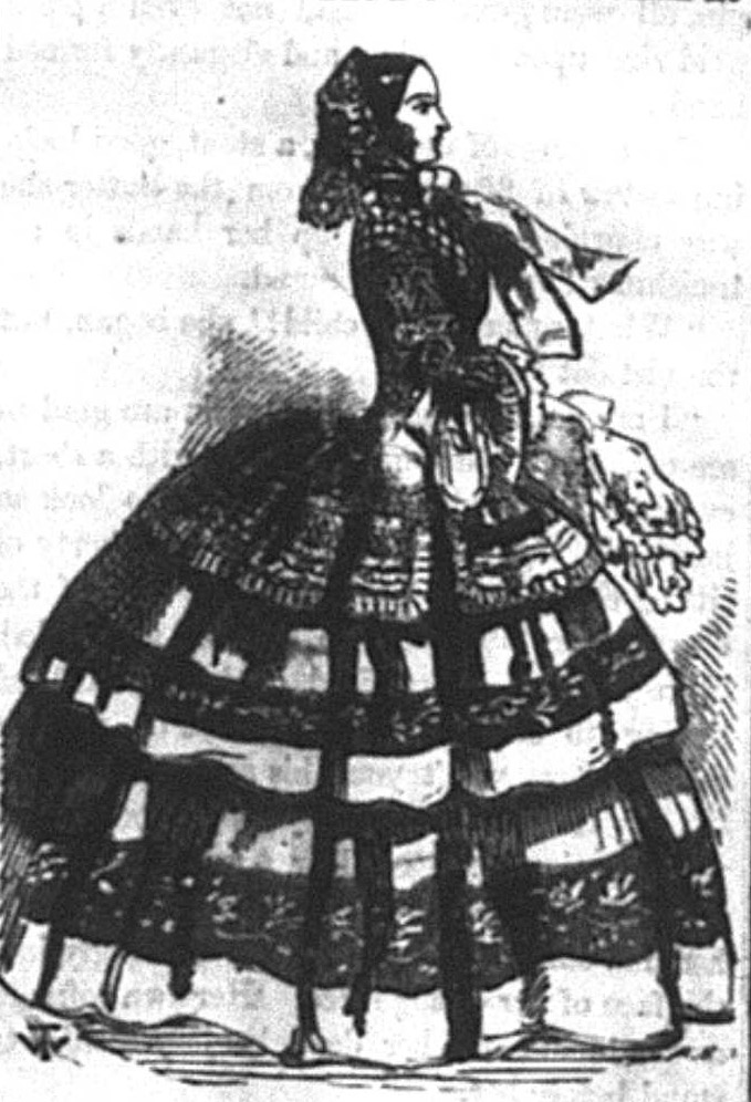 A young woman in a voluminous striped dress, facing right. An older woman wearing a veil and a dark dress, facing left.