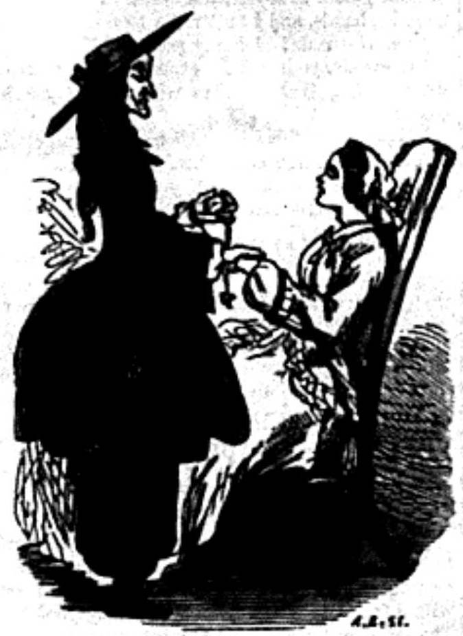 A dark-clothed woman, standing, attending to a light-clothed woman seated in a chair.