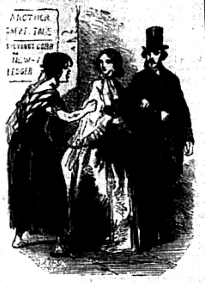A well-dressed couple being approached by a barefooted woman on the street.